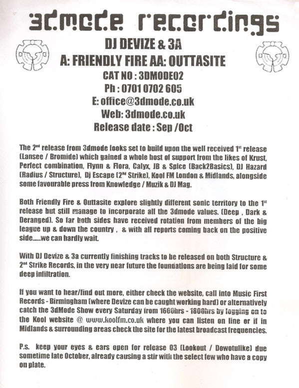 Devize & 3A : Friendly Fire / Outta Site (12", Promo)