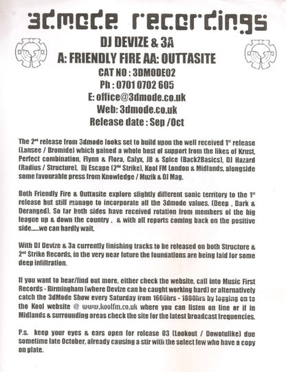 Devize & 3A : Friendly Fire / Outta Site (12", Promo)