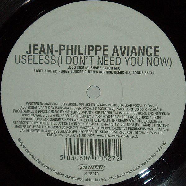 Jean-Phillippe Aviance : Useless (I Don't Need You Now) (12")