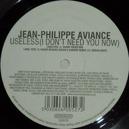Jean-Phillippe Aviance : Useless (I Don't Need You Now) (12")