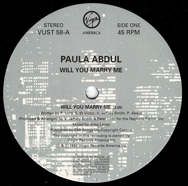 Paula Abdul : Will You Marry Me? (12", Single)