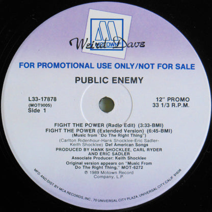 Public Enemy : Fight The Power (12", Single, Promo, Pin)