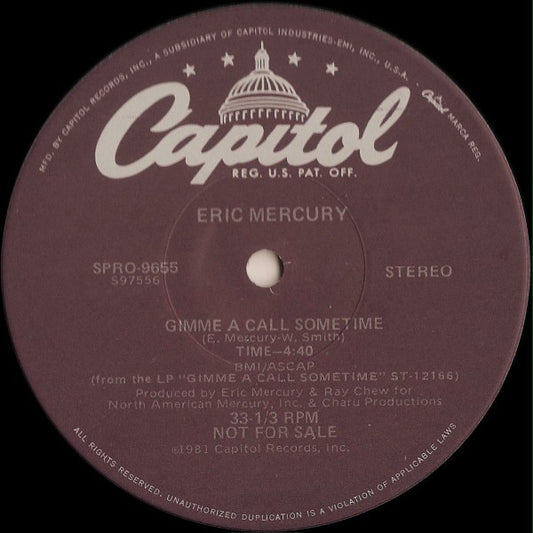Eric Mercury : Gimme A Call Sometime (12", Promo)