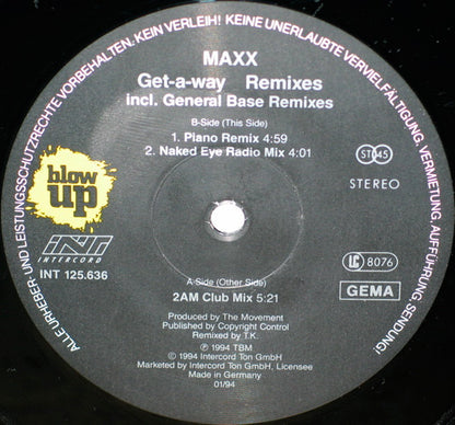 Maxx : Get-A-Way (Remixes Incl. General Base Remixes) (12")