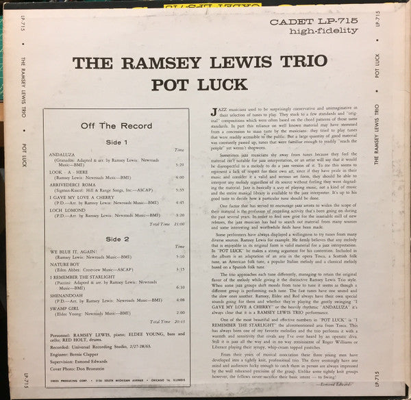 The Ramsey Lewis Trio : Pot Luck (LP, Album, Mono, RE)