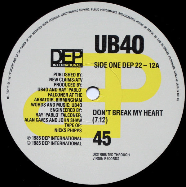 UB40 : Don't Break My Heart (12", Single)