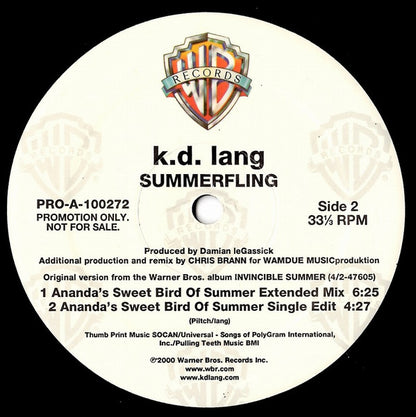 k.d. lang : Summerfling (2x12", Promo)