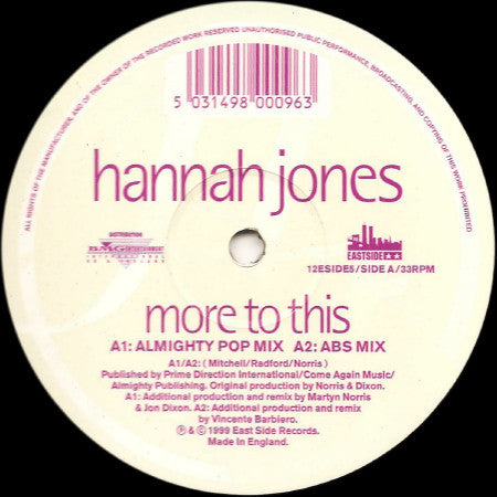 Hannah Jones : More To This (12")