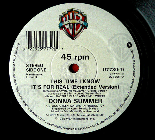 Donna Summer : This Time I Know It's For Real (12", Single, Dam)