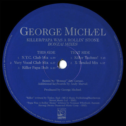 George Michael : Killer / Papa Was A Rollin' Stone (Bonzai Mixes) (12", Promo)