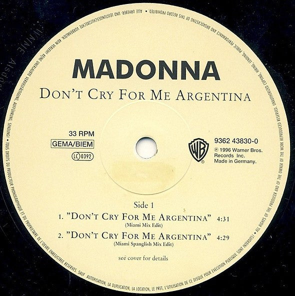 Madonna : Don't Cry For Me Argentina (12")