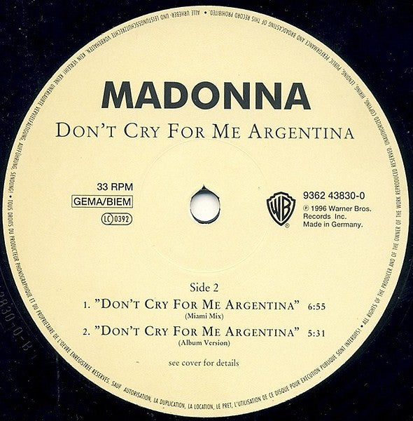 Madonna : Don't Cry For Me Argentina (12")