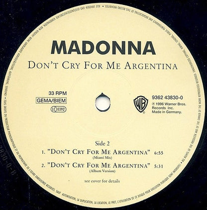 Madonna : Don't Cry For Me Argentina (12")