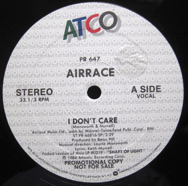 Airrace : I Don't Care (12", Single, Promo)