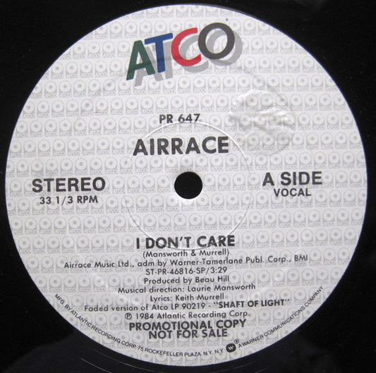 Airrace : I Don't Care (12", Single, Promo)