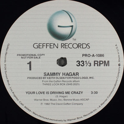 Sammy Hagar : Your Love Is Driving Me Crazy / I Don't Need Love (12", Promo)