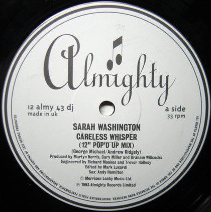 Sarah Washington : Careless Whisper (12", Promo)