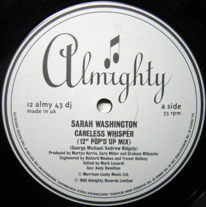 Sarah Washington : Careless Whisper (12", Promo)