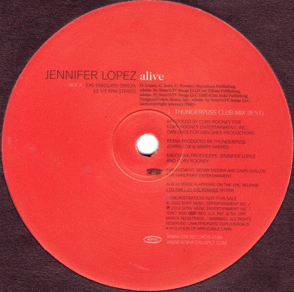 Jennifer Lopez : Alive (The Thunderpuss Remixes) (12", Single, Promo)