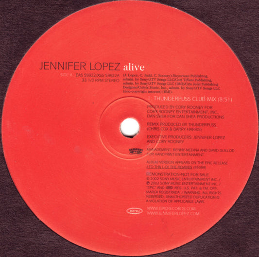 Jennifer Lopez : Alive (The Thunderpuss Remixes) (12", Single, Promo)