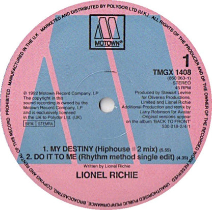 Lionel Richie : My Destiny (12", Single)