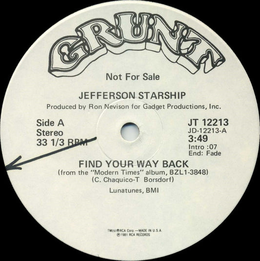 Jefferson Starship : Find Your Way Back (12", Single, Mono, Promo)