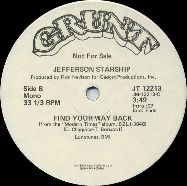 Jefferson Starship : Find Your Way Back (12", Single, Mono, Promo)