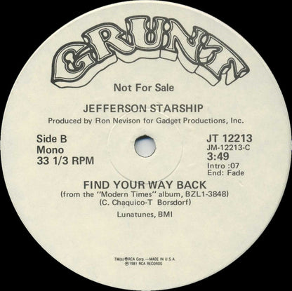 Jefferson Starship : Find Your Way Back (12", Single, Mono, Promo)