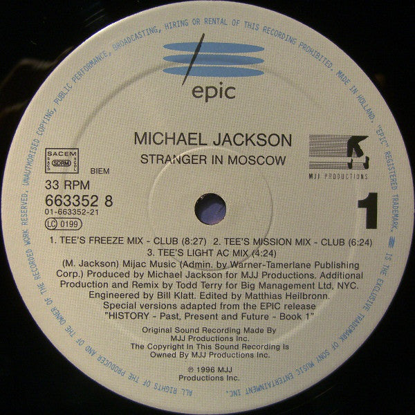 Michael Jackson : Stranger In Moscow (The Todd Terry Remixes) (12", Single)