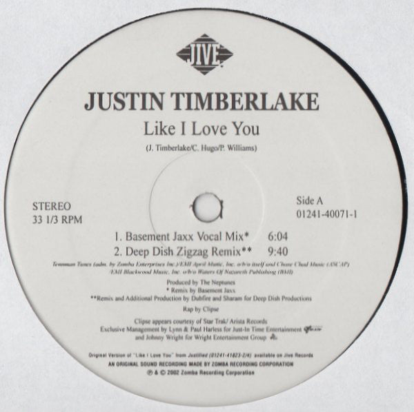 Justin Timberlake : Like I Love You (The Club Mixes) (12", Single)