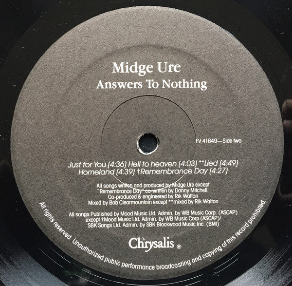 Midge Ure : Answers To Nothing (LP, Album)