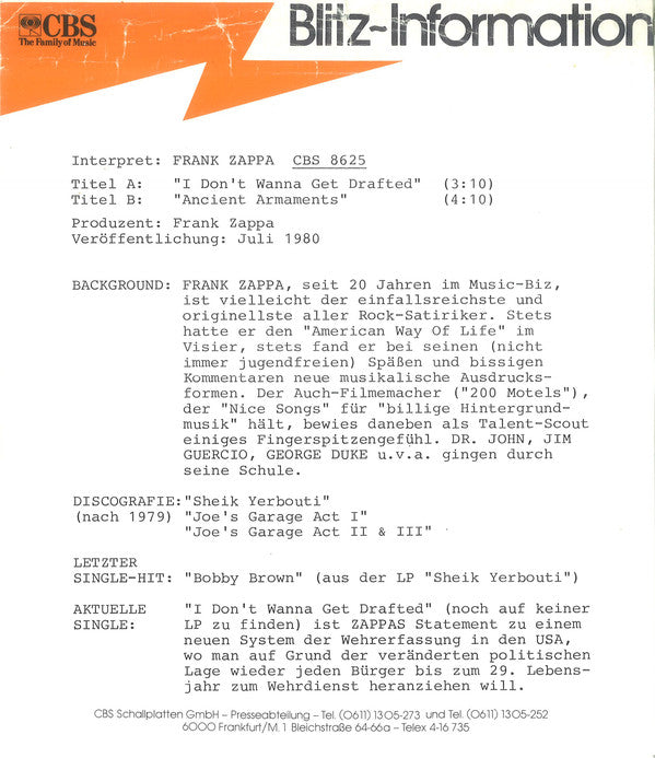 Frank Zappa : I Don't Wanna Get Drafted! (7", Single)