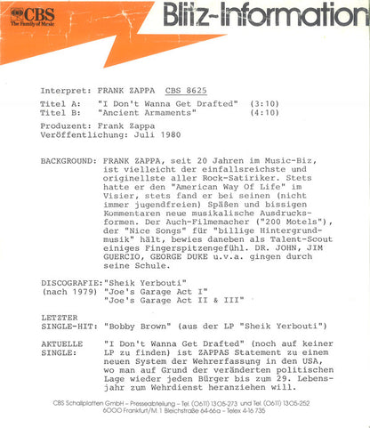 Frank Zappa : I Don't Wanna Get Drafted! (7", Single)