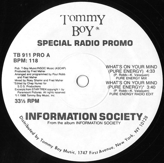 Information Society : What's On Your Mind (Pure Energy) (Special Radio Promo) (12", Promo, Ret)