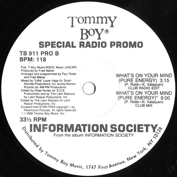 Information Society : What's On Your Mind (Pure Energy) (Special Radio Promo) (12", Promo, Ret)