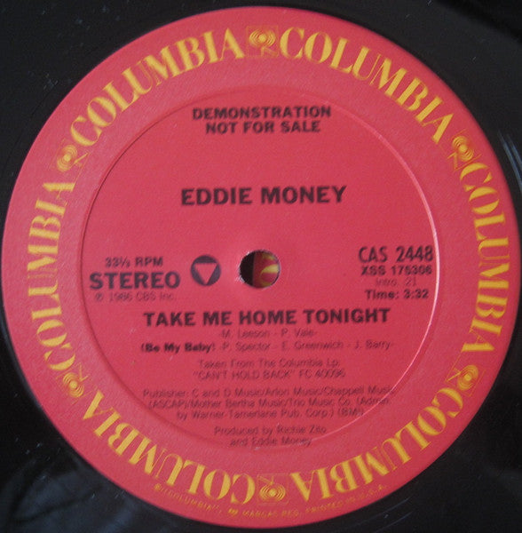 Eddie Money : Take Me Home Tonight (12", Promo)