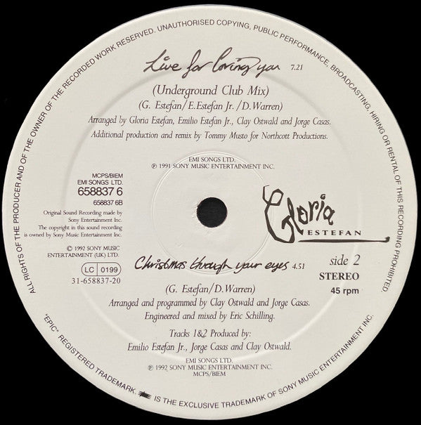 Gloria Estefan : Miami Hit Mix / Christmas Through Your Eyes (12", Single, Pos)