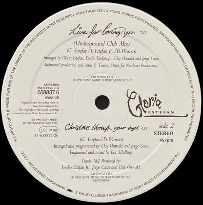 Gloria Estefan : Miami Hit Mix / Christmas Through Your Eyes (12", Single, Pos)