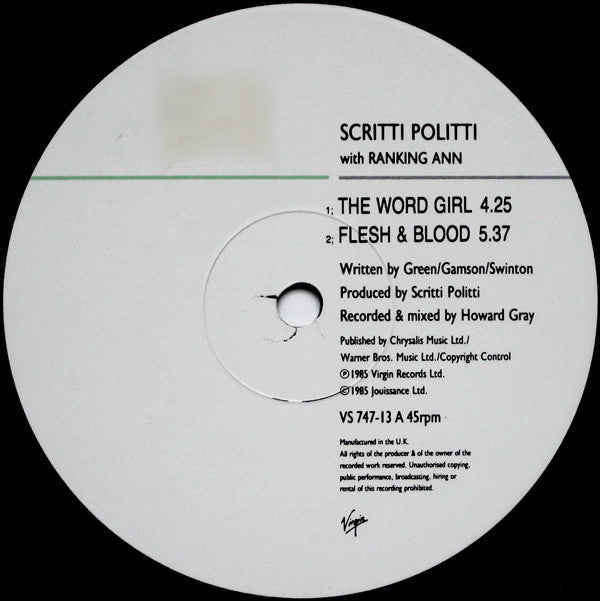 Scritti Politti With Ranking Ann : The Word Girl (Flesh & Blood) (12", Single, Ltd)