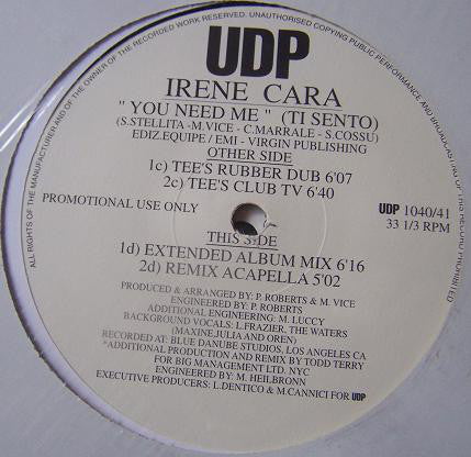 Irene Cara : You Need Me (Ti Sento) (2x12", Promo)