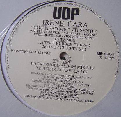 Irene Cara : You Need Me (Ti Sento) (2x12", Promo)
