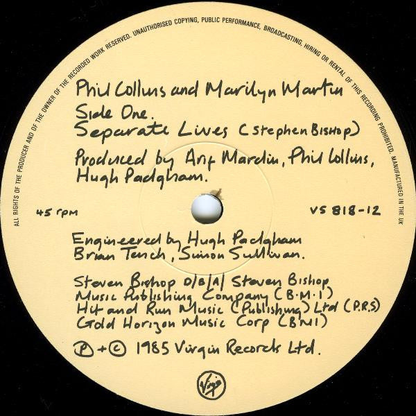 Phil Collins And Marilyn Martin : Separate Lives (Love Theme From White Nights) (12", Single)