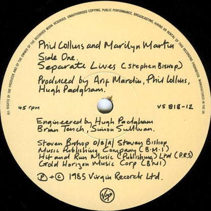 Phil Collins And Marilyn Martin : Separate Lives (Love Theme From White Nights) (12", Single)