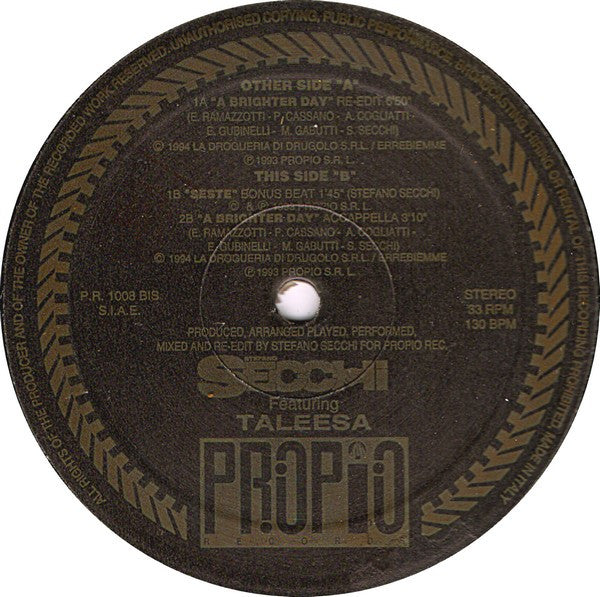 Stefano Secchi Featuring Taleesa : A Brighter Day (12")