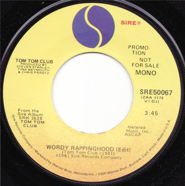 Tom Tom Club : Wordy Rappinghood (Edit) (7", Mono, Promo)