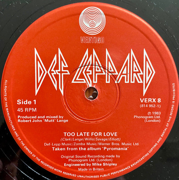 Def Leppard : Too Late For Love (12", Single)