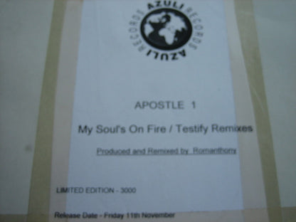 Apostle 1 : My Soul's On Fire / Testify Remixes (12", Ltd, W/Lbl)