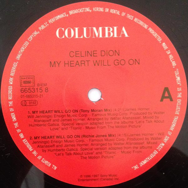 Celine Dion* : My Heart Will Go On (Love Theme From 'Titanic') (Dance Mixes) (12", Single)