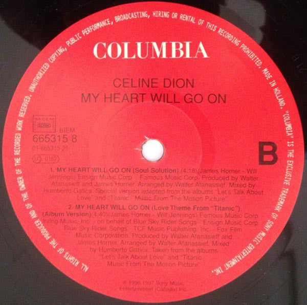 Celine Dion* : My Heart Will Go On (Love Theme From 'Titanic') (Dance Mixes) (12", Single)