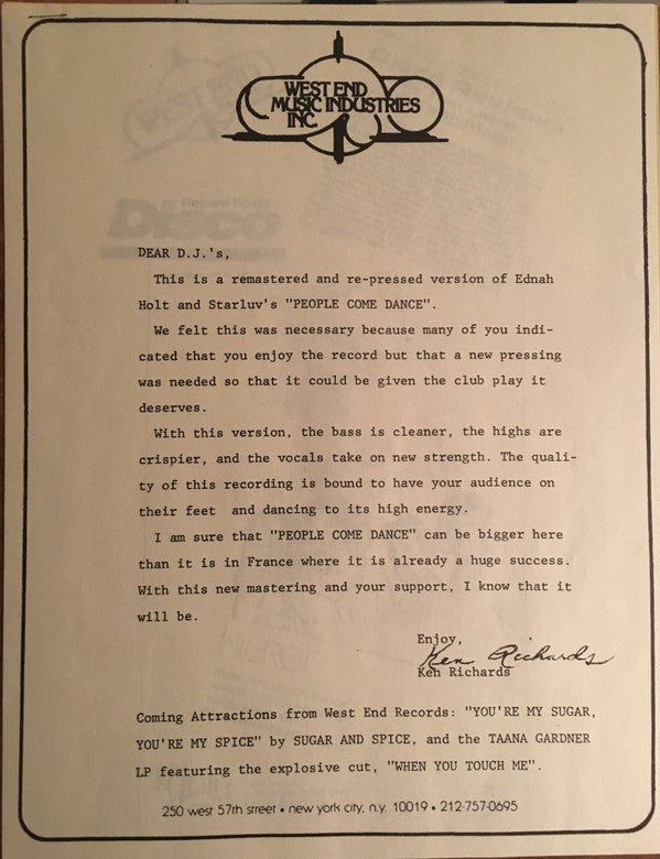 Ednah Holt & Starluv : People Come Dance (12", Promo, RM, RP)